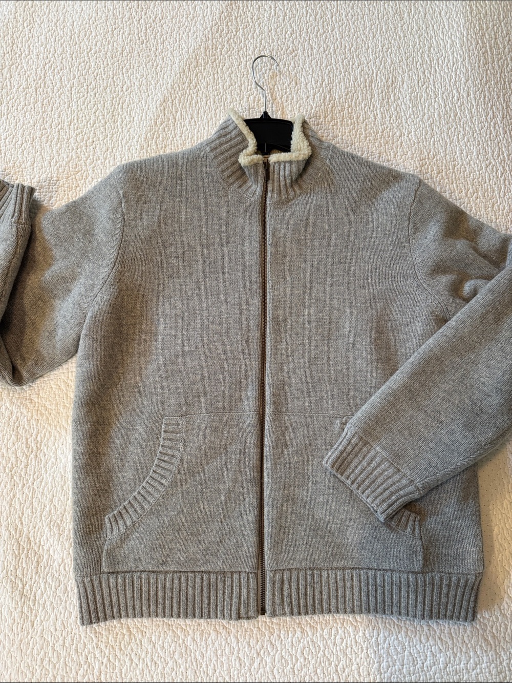 L.L. Bean Men's Light Gray Full-Zip Sweater with lambs wool fleece lining.